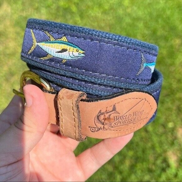 Vintage World wide Sports Man genuine leather fish belt waist 44 made in USA